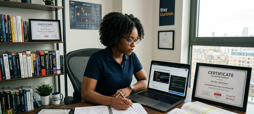 Step-by-Step Guide to Building a Successful Career in Information Technology 5 IT professional developing technical skills through certifications and continuous learning for career growth.