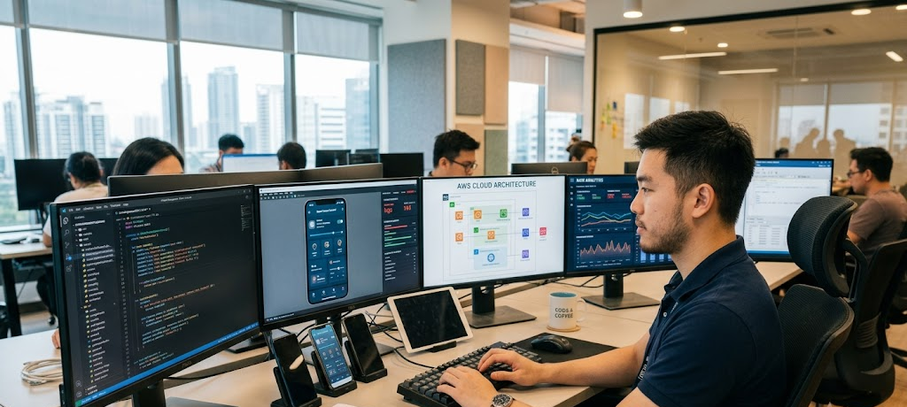 Step-by-Step Guide to Building a Successful Career in Information Technology 2 Software developer writing computer code and creating digital applications as part of an information technology career.
