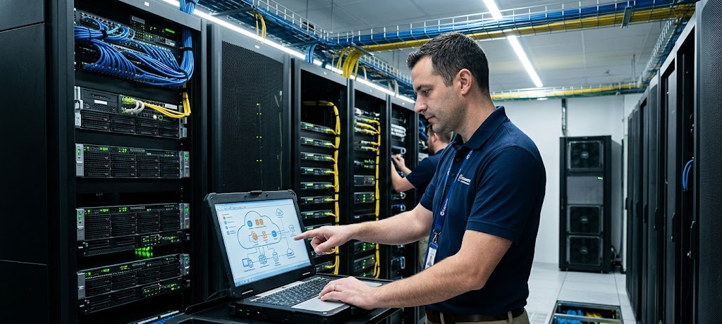 Step-by-Step Guide to Building a Successful Career in Information Technology 4 IT engineer managing cloud computing infrastructure and network systems for modern digital technology.