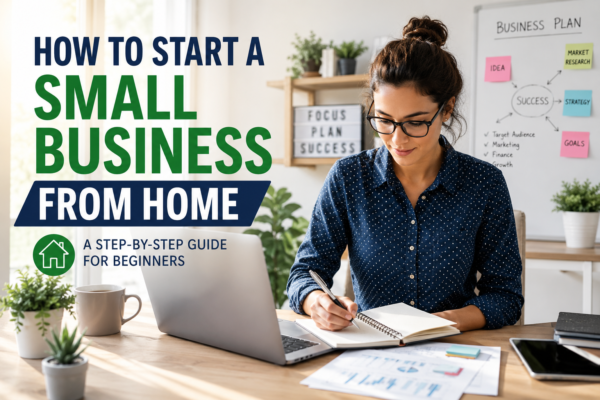 Person working from a home office while planning how to start a small business from home with a laptop, notebook, and business documents.