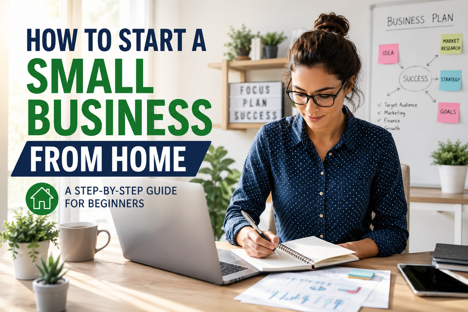 Person working from a home office while planning how to start a small business from home with a laptop, notebook, and business documents.