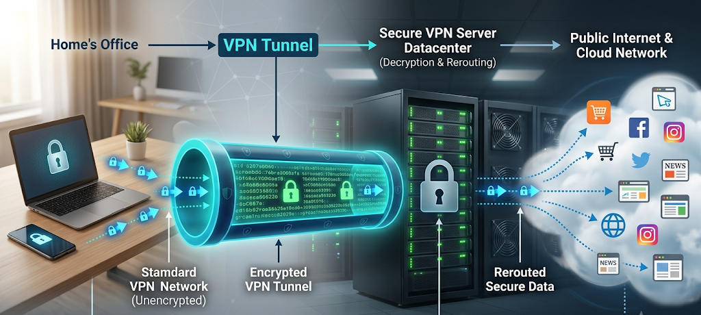 How Virtual Private Networks (VPNs) Work and Why You Need One for Privacy and Access 2 Diagram showing how a VPN connects a user device to the internet through a secure VPN server