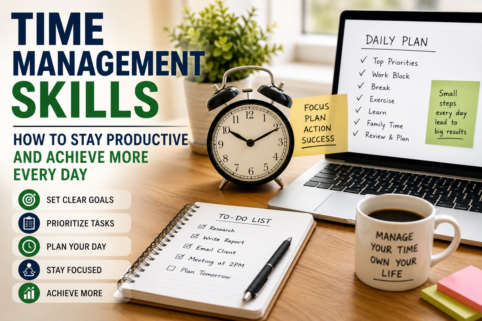 Professional planning daily tasks with a planner and laptop to improve time management skills and increase productivity.