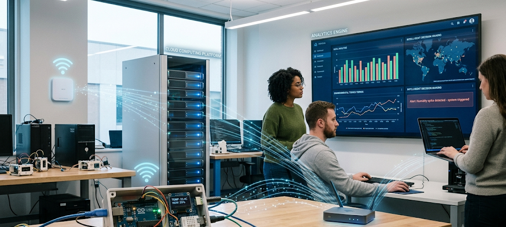 What Is the Internet of Things (IoT) and How It Is Connecting Our Everyday Lives 2 IoT architecture showing sensors collecting data, wireless connectivity, cloud processing, and smart device communication