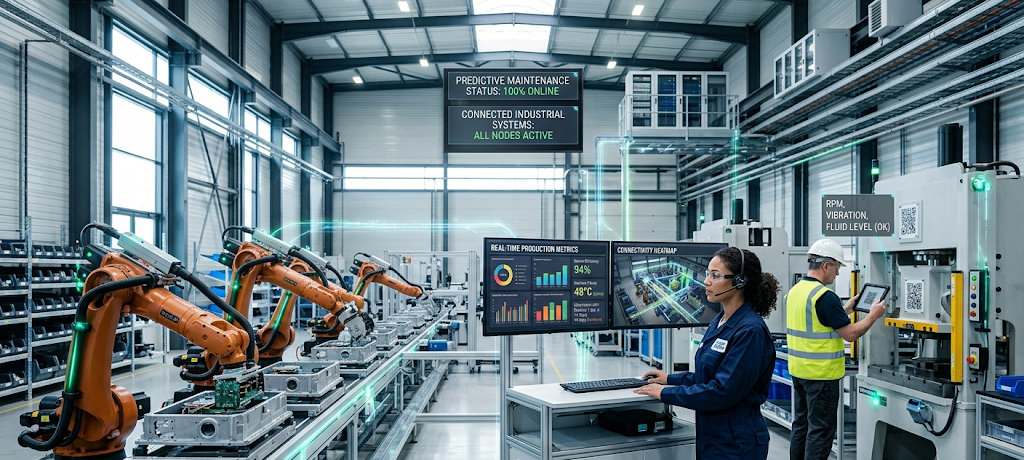 What Is the Internet of Things (IoT) and How It Is Connecting Our Everyday Lives 5 Industrial IoT factory with connected machines, robotics, sensors, and real-time manufacturing data monitoring