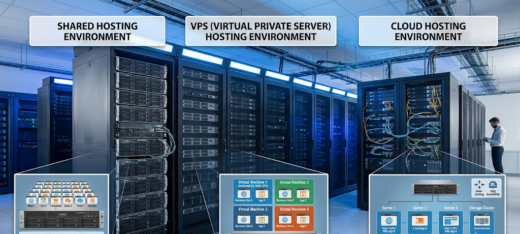 How Web Hosting and Domain Names Work and Why They Matter for Your Online Presence 4 Comparison of shared hosting, VPS hosting, and cloud hosting server solutions.