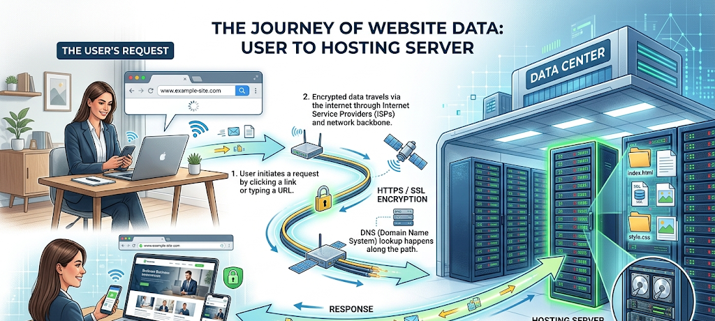 How Web Hosting and Domain Names Work and Why They Matter for Your Online Presence 2 A visual explanation of how web hosting connects website visitors to files stored on a server.