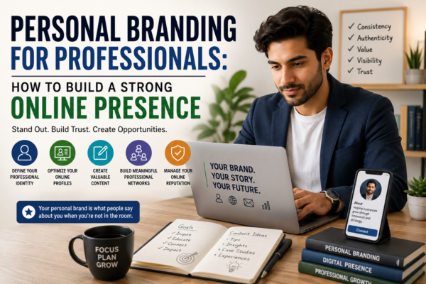 Professional building an online profile and digital portfolio to strengthen Personal Branding for Professionals and create a strong online presence.