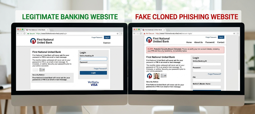 10 Types of Phishing Scams You Must Know How to Identify and Avoid 4 Comparison between a legitimate website and a fake cloned phishing website