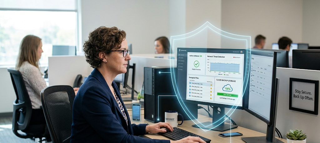 Cybersecurity awareness with encrypted files, cloud backup, and protected digital information