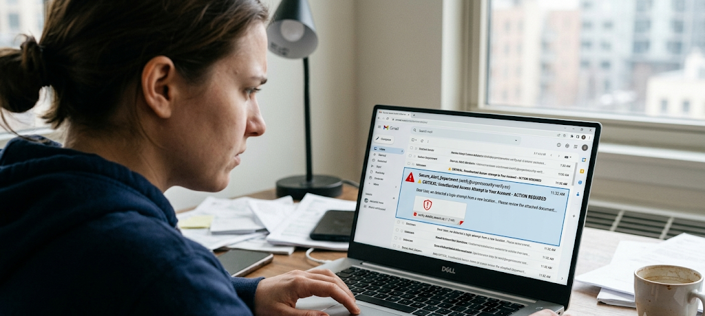 Suspicious phishing email with malicious attachment warning users about cyber threats