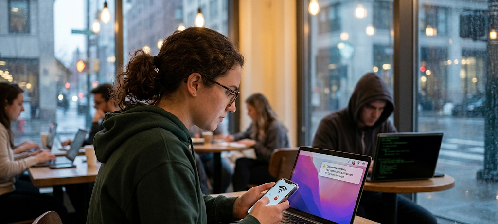 Person using unsecured public Wi-Fi network with cybersecurity warning and online privacy risks