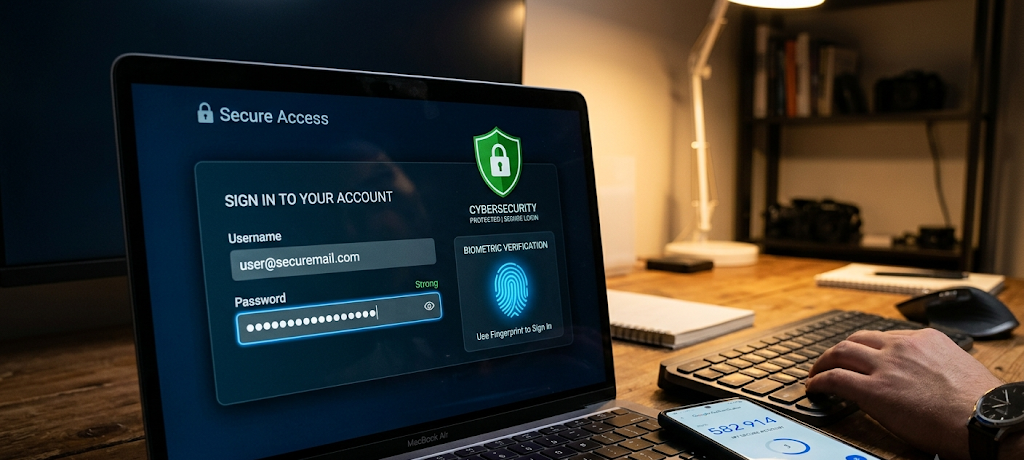 Strong password and multi-factor authentication protecting online accounts from hackers