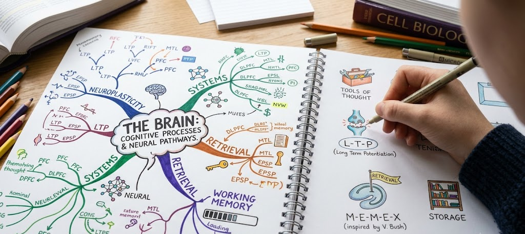 Student creating mind map and visual memory diagrams for mnemonic learning techniques
