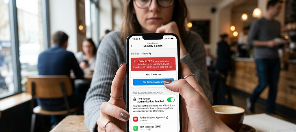 10 Essential Tips to Stay Safe on Public Wi-Fi, Online Shopping, and Social Media 4 Smartphone showing social media login alerts and two-factor authentication security settings