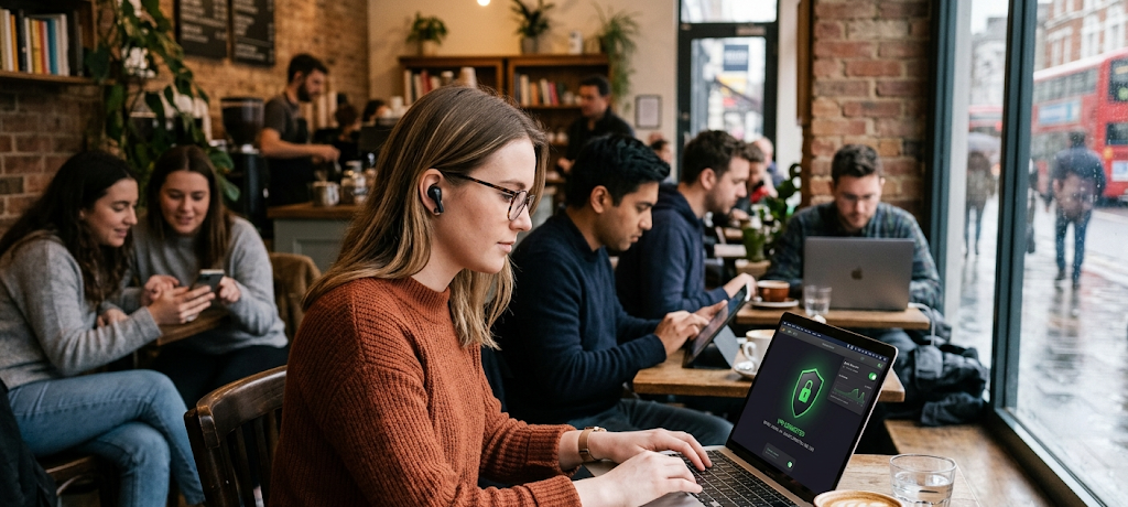 10 Essential Tips to Stay Safe on Public Wi-Fi, Online Shopping, and Social Media 2 Person using a VPN to secure an internet connection while connected to public Wi-Fi in a café