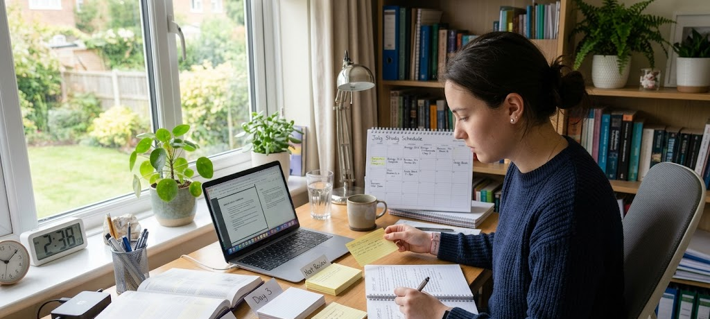 Student using flashcards and spaced repetition schedule for active recall study method