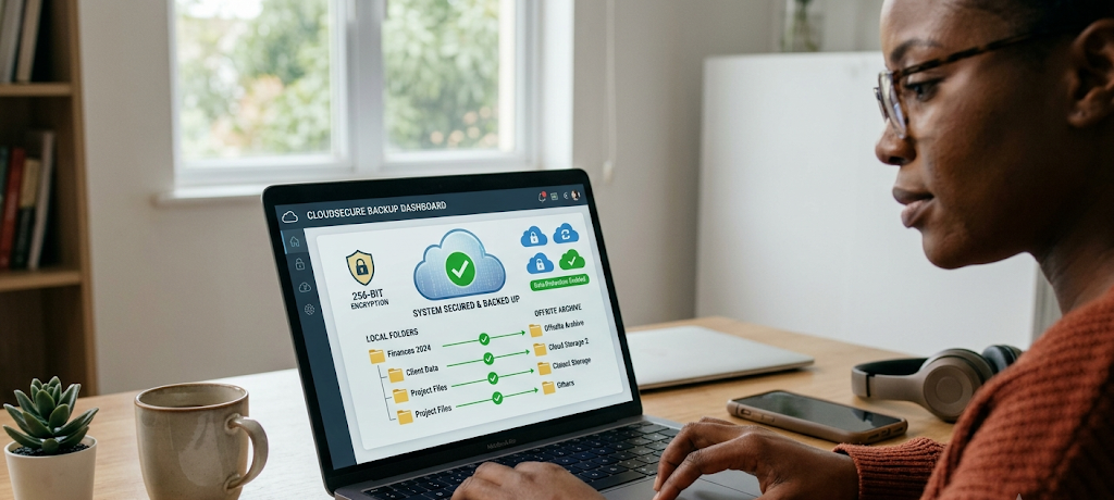 10 Cybersecurity Practices Every Small Business Owner and Remote Worker Must Follow 3 Remote worker backing up important business data using secure cloud storage