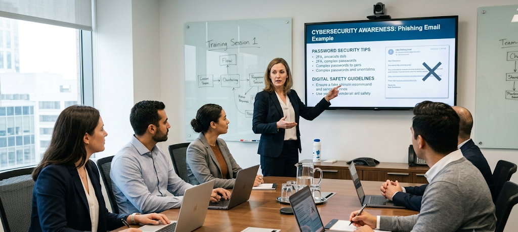 10 Cybersecurity Practices Every Small Business Owner and Remote Worker Must Follow 2 Employees attending cybersecurity awareness training to learn online safety practices