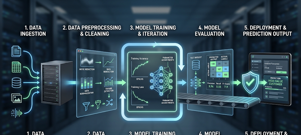 Machine learning process showing data collection, algorithm training, prediction, and AI improvement