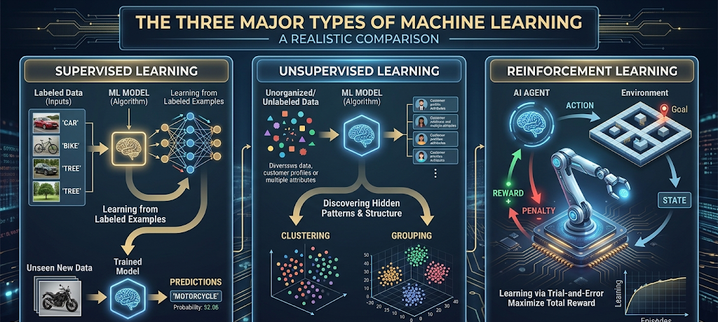 Comparison of supervised learning, unsupervised learning, and reinforcement learning methods