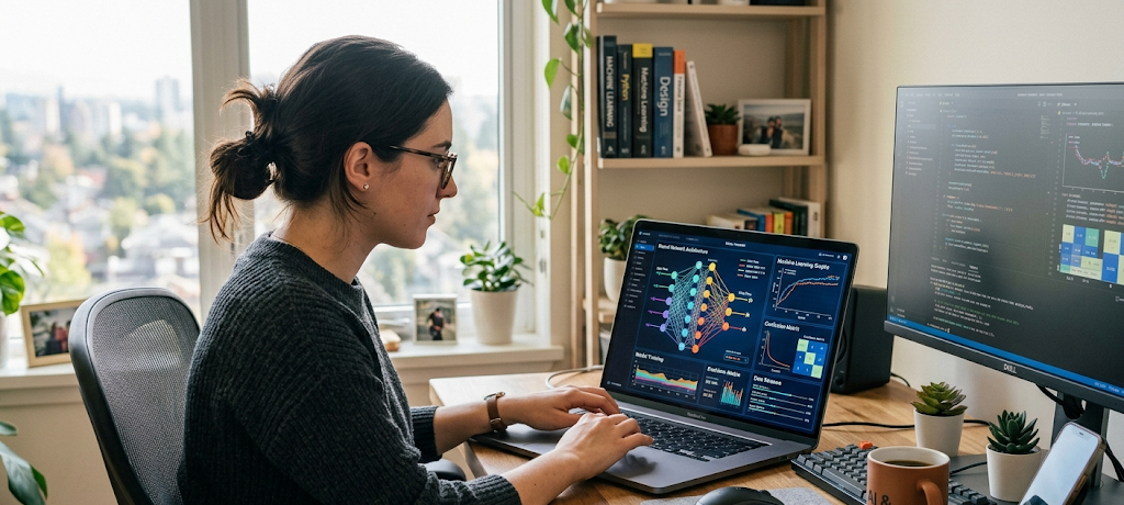 Person using a laptop with artificial intelligence and machine learning data visualization