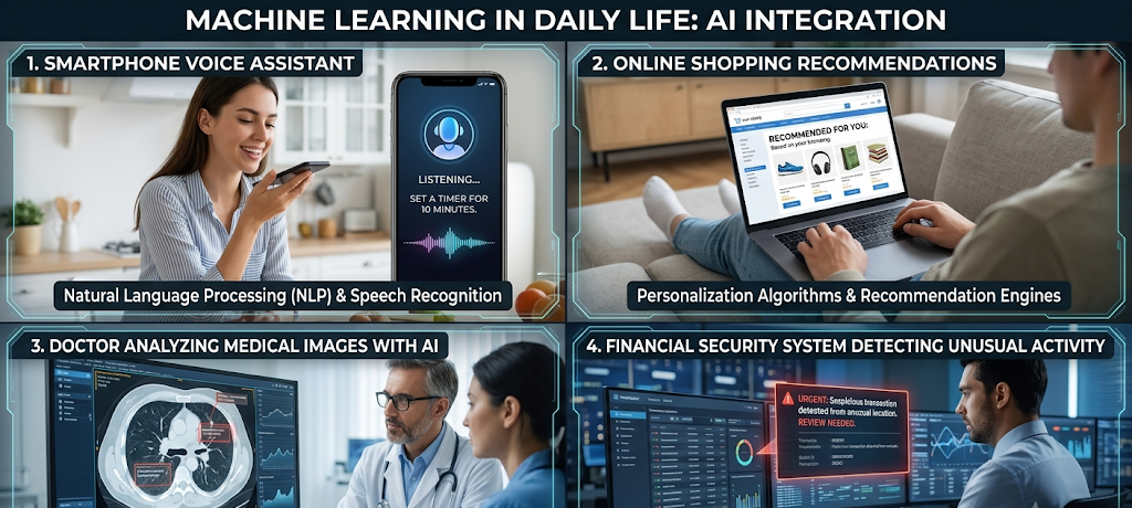 Examples of machine learning applications in healthcare, shopping, finance, and digital assistants