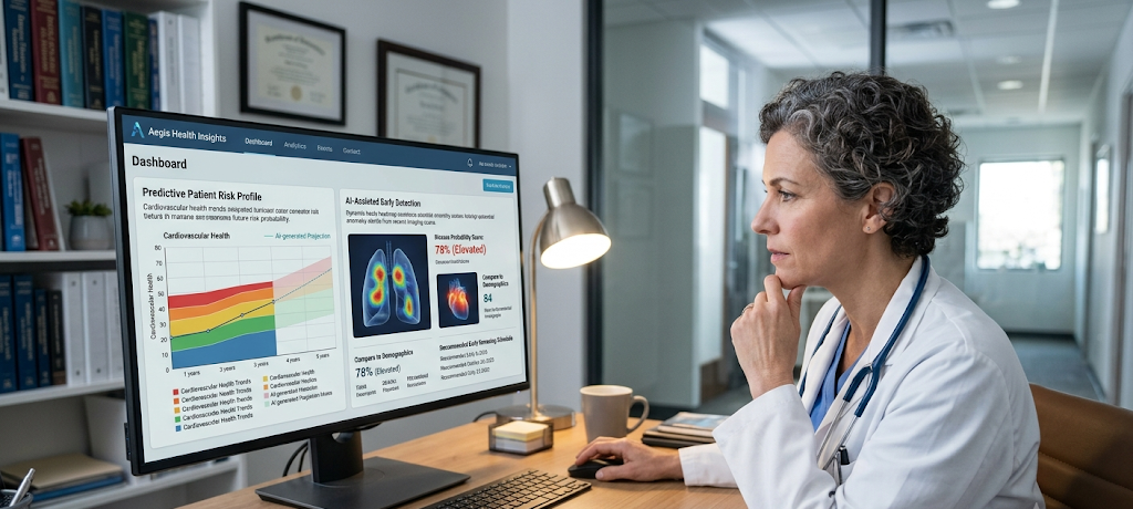 Doctor using artificial intelligence to detect diseases early through patient health data analysis