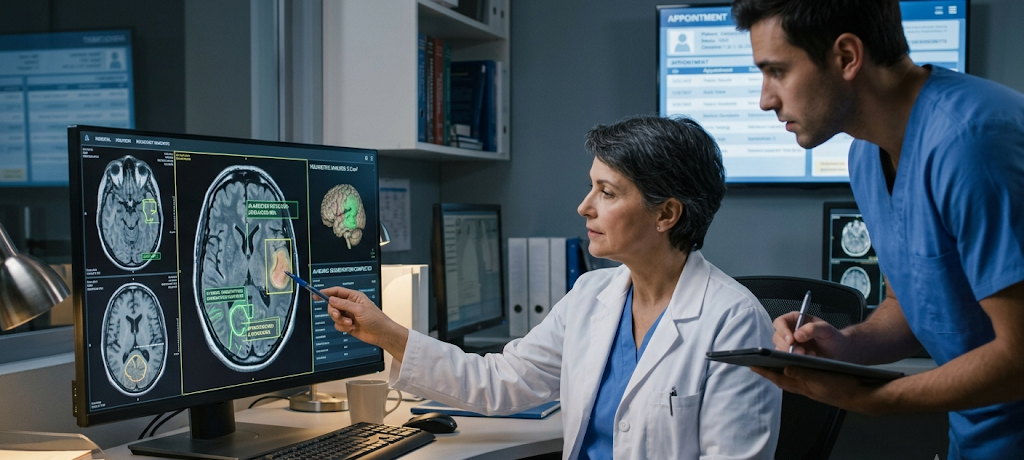 Radiologist using AI-assisted medical imaging technology to analyze MRI and CT scan results