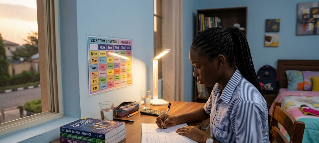 Student studying early with a timetable and books on a desk in a calm environment