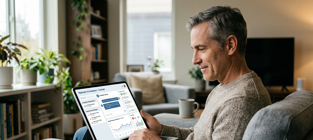 Patient using an AI-powered virtual health assistant for remote healthcare support