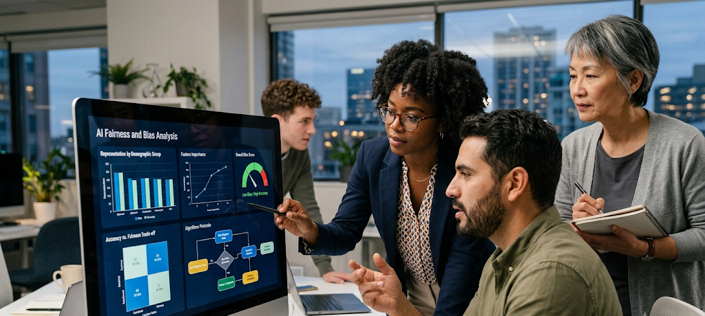 Diverse team reviewing AI algorithms to reduce bias and create fair machine learning systems
