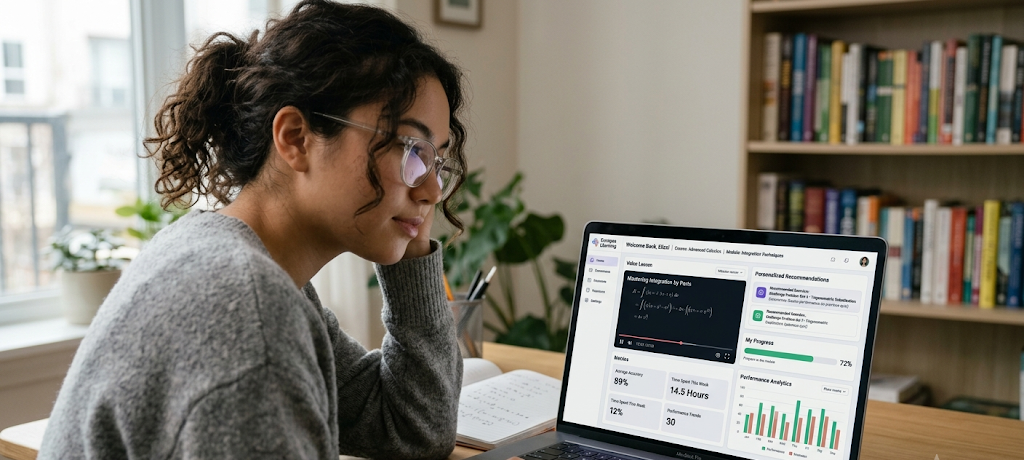 Student using an AI adaptive learning platform that personalizes lessons based on individual learning progress.