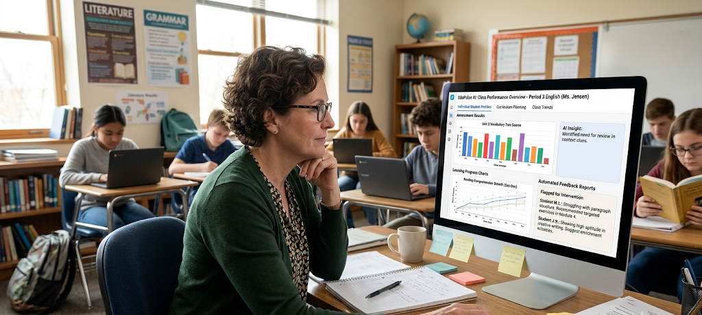 Teacher analyzing student performance data using AI-powered grading and education analytics tools.
