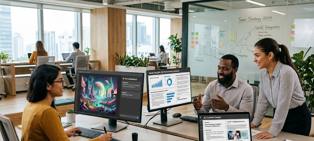 Professionals using generative AI tools for business automation creativity and digital content creation