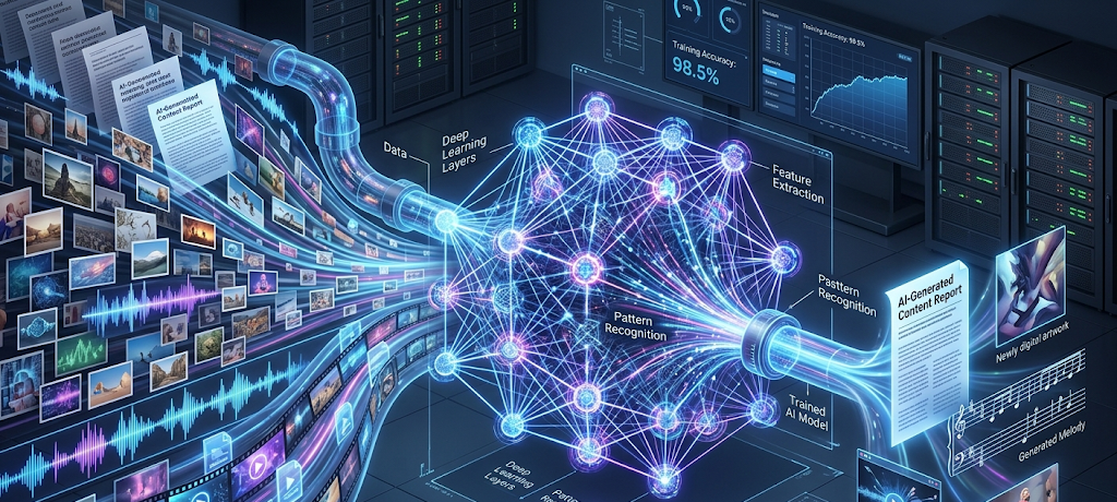 Artificial intelligence model training process showing data collection neural networks and generative AI learning