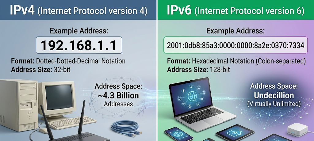 A comparison between IPv4 and IPv6 address formats showing different internet protocols