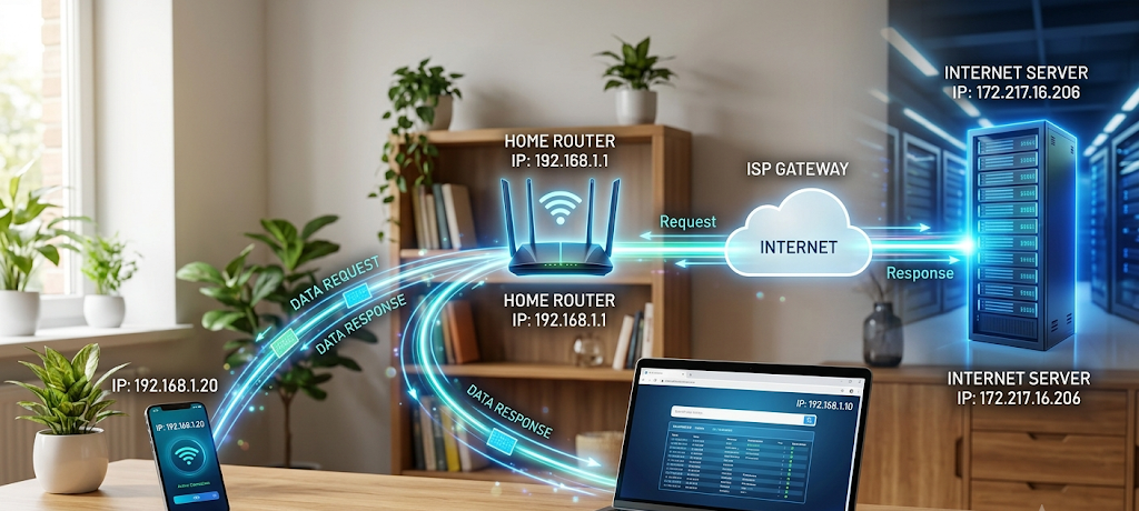 A visual explanation of how IP addresses allow devices to communicate through a network