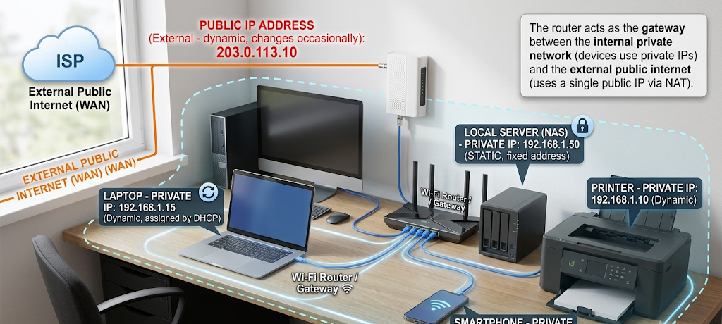 A realistic illustration showing public and private IP addresses and static versus dynamic IP connections