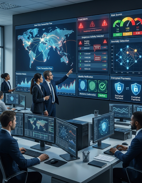 AI fraud detection system monitoring financial transactions and protecting digital banking security