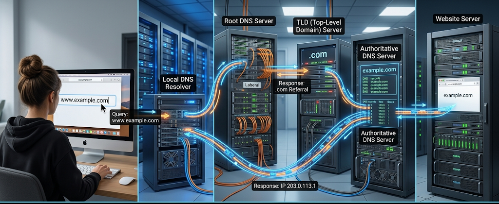 Realistic DNS lookup process showing browser, resolver, DNS servers, and website server connection path.