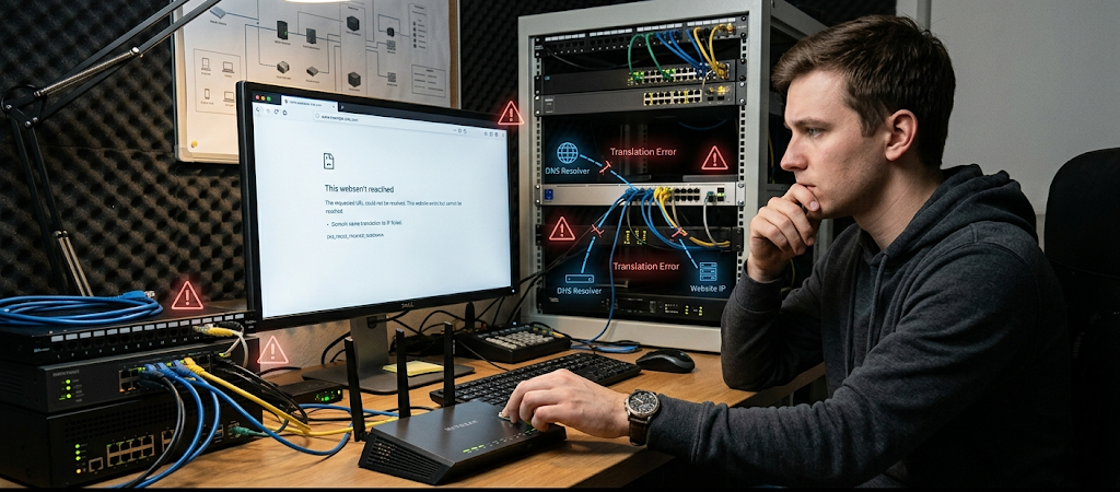 Computer showing DNS failure error while a user troubleshoots internet connection problems.