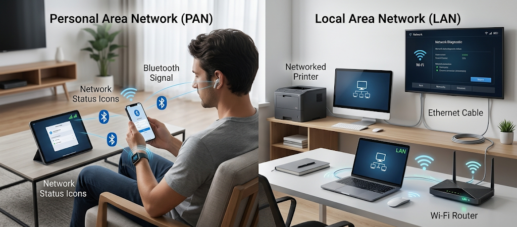A realistic comparison of a Personal Area Network using Bluetooth devices and a Local Area Network connecting computers and smart devices.
