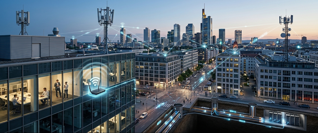 A realistic illustration showing Wi-Fi WLAN connections inside buildings and a MAN network connecting multiple locations across a city.