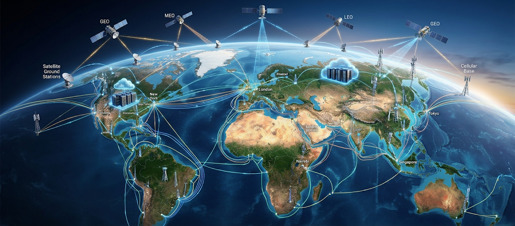 A realistic visualization of a Wide Area Network connecting global offices, data centers, and communication systems worldwide.