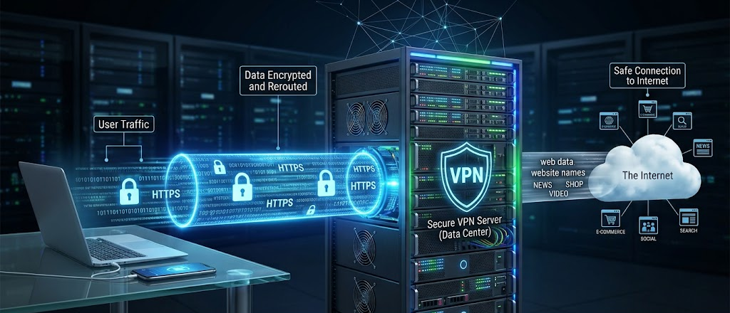 Diagram-style realistic image showing how a VPN encrypts internet traffic through a secure tunnel and VPN server.