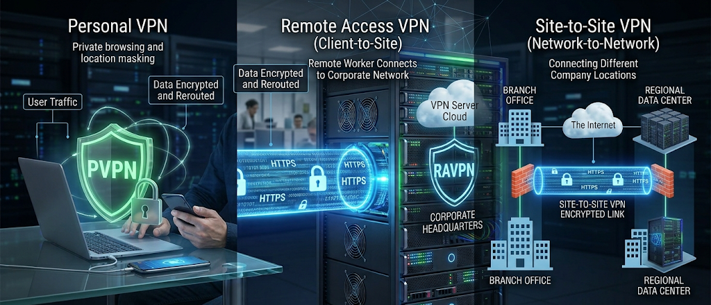Realistic comparison of personal VPN, remote access VPN, and site-to-site VPN connections.