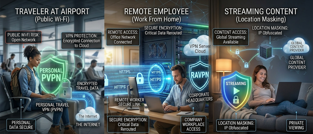 Realistic image showing common VPN uses including public Wi-Fi security, remote work, and streaming privacy.