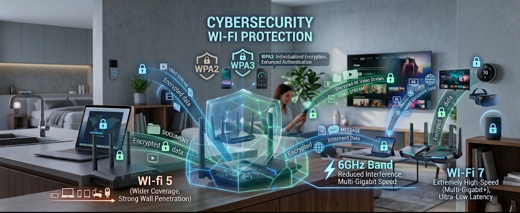 A realistic image showing Wi-Fi security protection using encryption and a secure router connection.