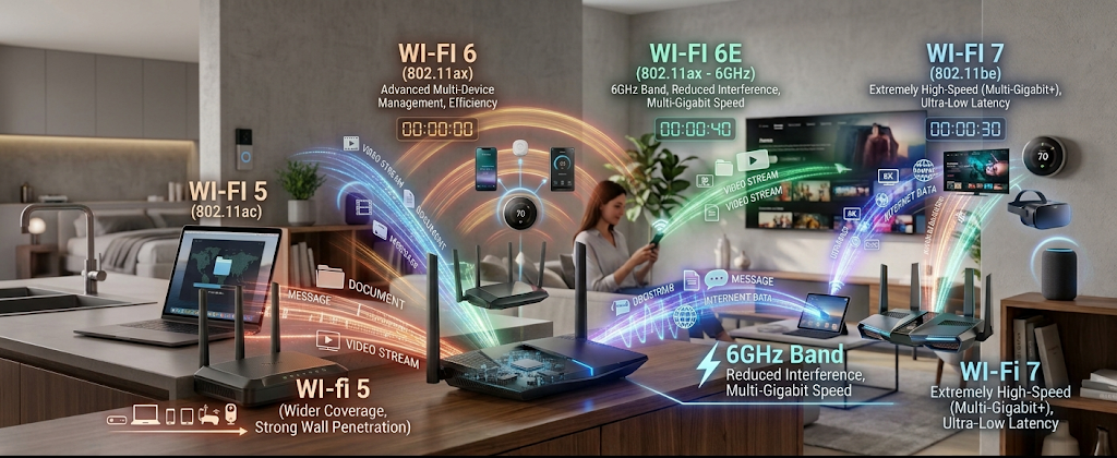 A realistic timeline showing the evolution of Wi-Fi standards from Wi-Fi 5 to Wi-Fi 7.
